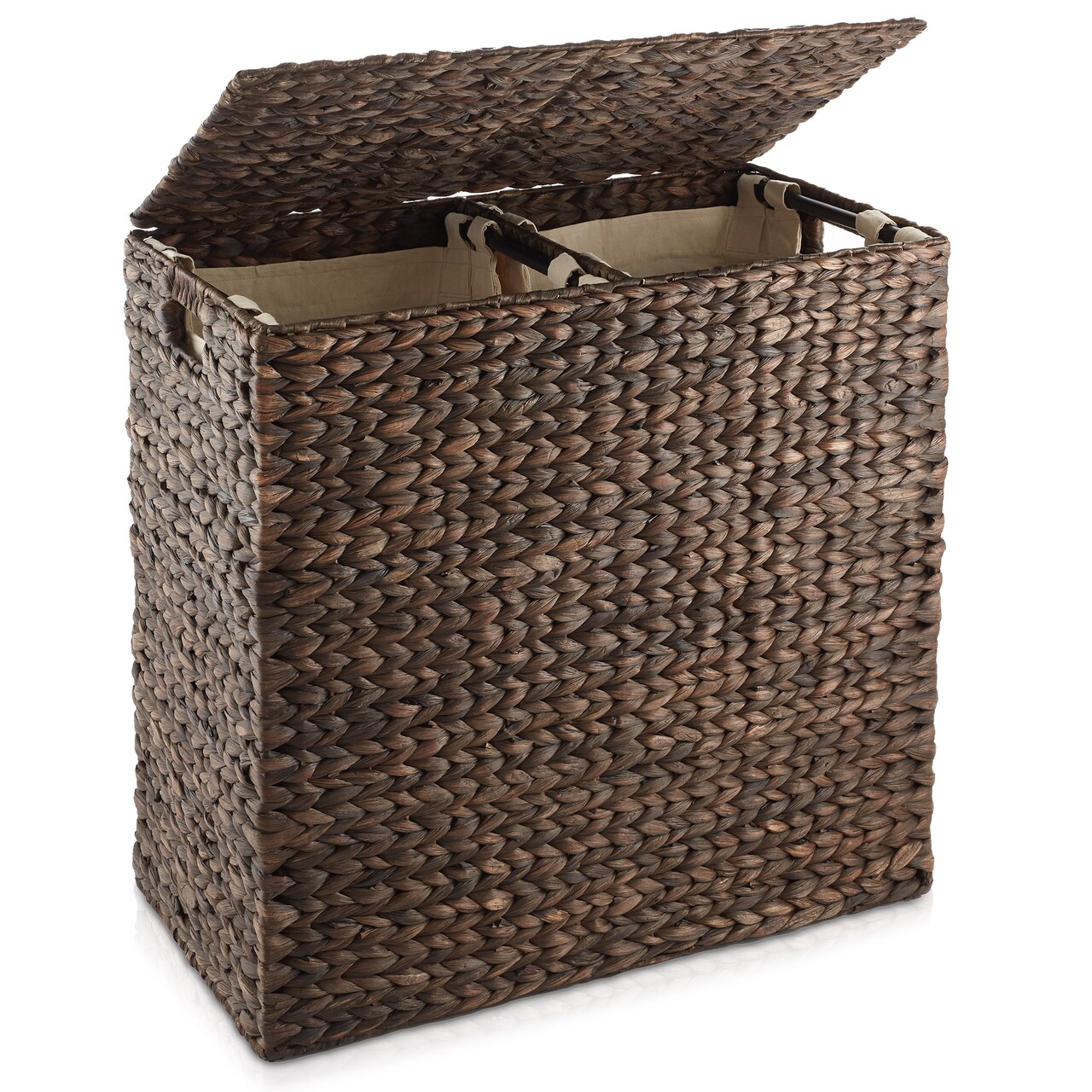 Casafield 2-Section Laundry Hamper with Removable Liner Bags, Woven Water Hyacinth Double Laundry Basket Sorter for Clothes and Towels